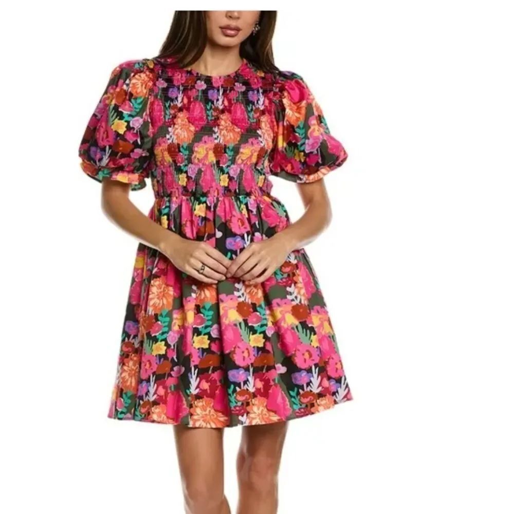 Crosby By Mollie Burch Womens Dress Lizzy Floral Smocked Puff Sleeve Size XS